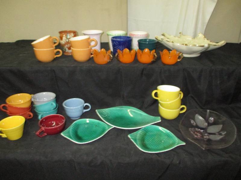 lot 51 image: Various cups, decorative Serving Pieces, and Misc