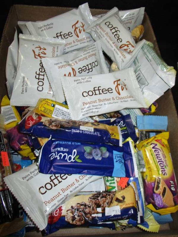 lot 164 image: box full of breakfast bars, proetien bars and coffee bars