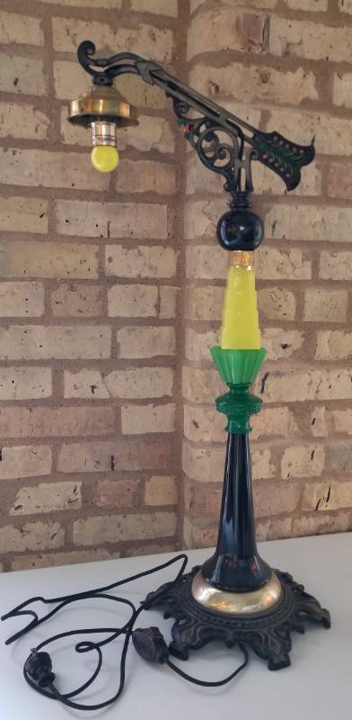 lot 16 image: Art Deco Table Lamp with Jadeite Glass Accents and Milk Glass Shade