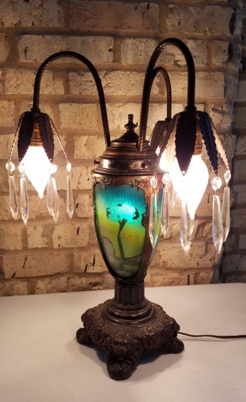 Antique Reverse Painted Table Lamp With Teardrop Lights And Antique Reverse Painted Table Lamp With Teardrop Lights And