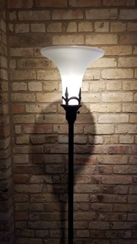 lot 21 image: Floor Lamp Torchiere with White Satin Glass Shade and Paw Feet
