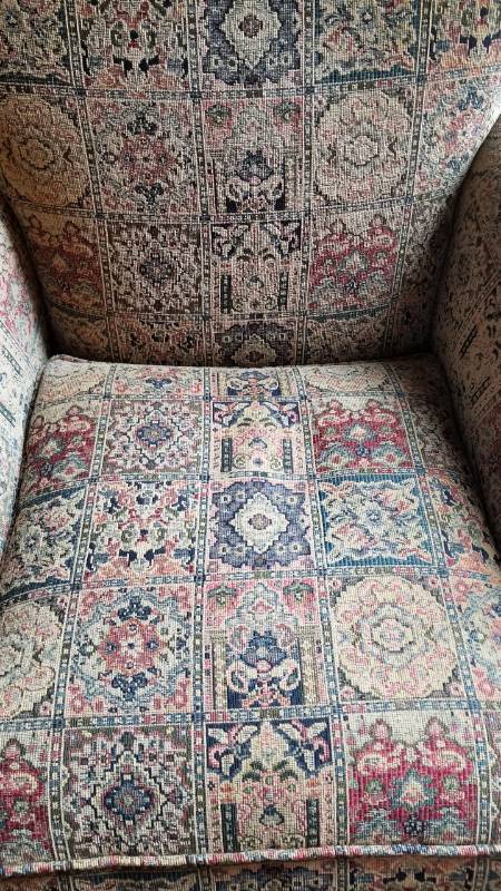 lot 36 image: Retrospect Tapestry Arm Chair with Winged Feet and Rolled Back Accents