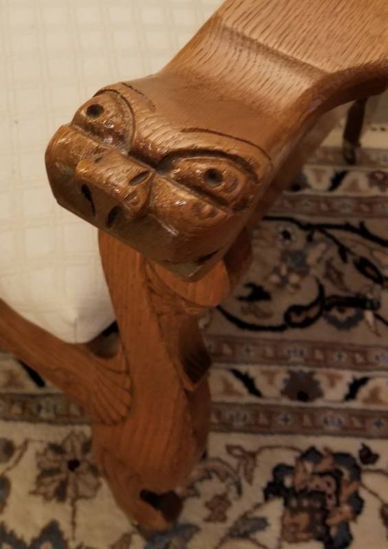 lot 73 image: Antique Oak Morris Chair with Lions Head Carved Arms