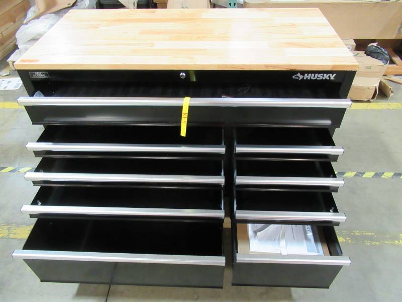 lot 15 image: Husky 52 in. x 24.5 in. D 9-Drawer Mobile Workbench in Black, HOTC5209B11M - New out of box.