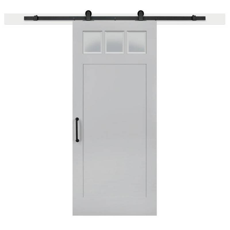 lot 55 image: Jeff Lewis 36 in. x 84 in. Gray Geese Craftsman 3-Lite Clear Solid-Core MDF Barn Door with Sliding Door Hardware Kit, 65457