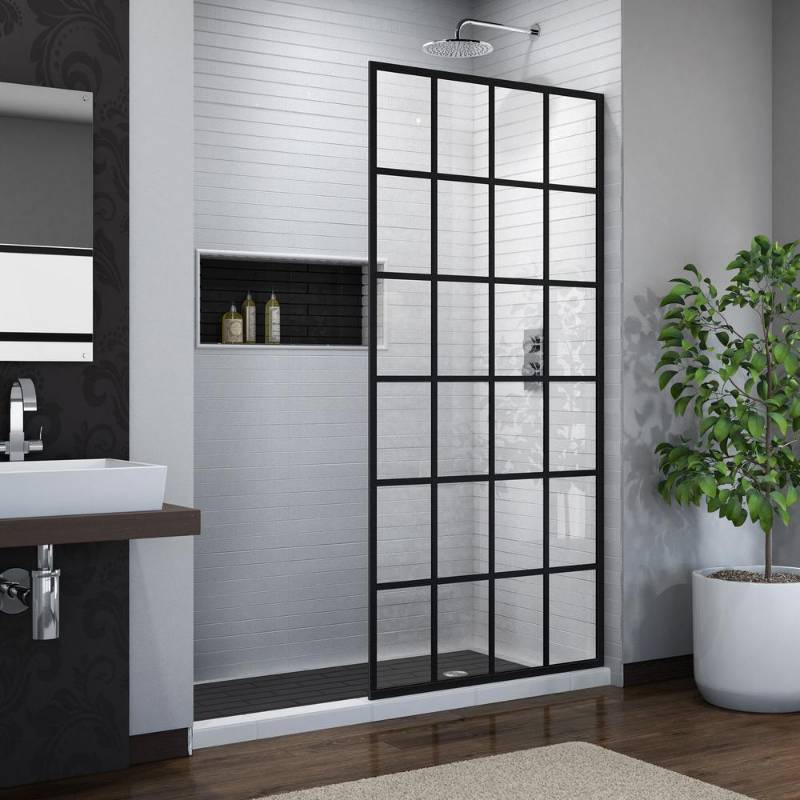 lot 65 image: Dreamline French Linea Toulon 34 in. x 72 in. Frameless Fixed Shower Door in Satin Black, SHDR-3234721-89
