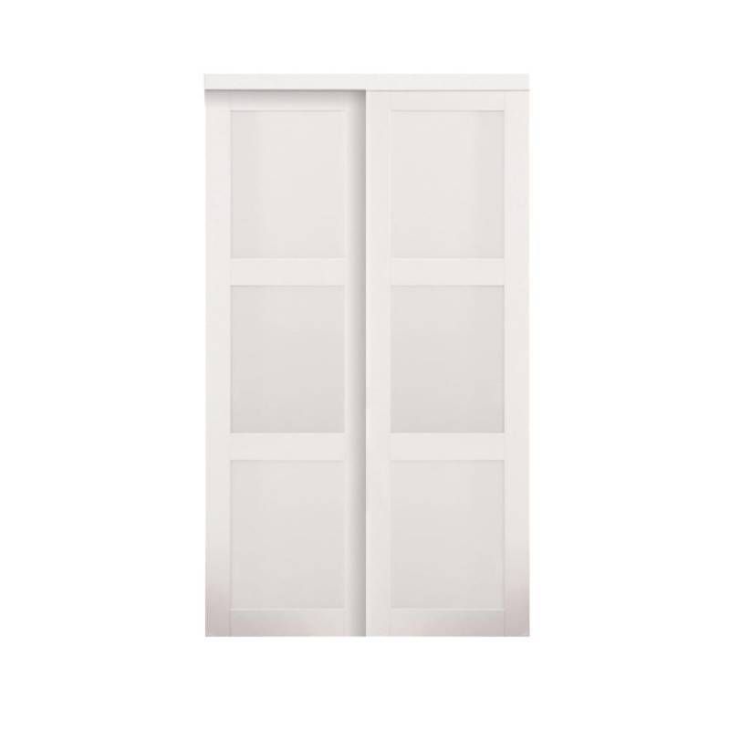 lot 69 image: Truporte 60 in. x 80 in. 2030 Series White 3-Lite Tempered Frosted Glass Composite Sliding Door