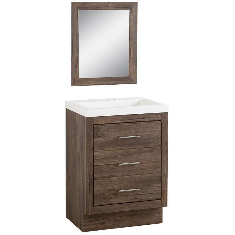 lot 70 image: Glacier Bay Collinswood 24 in. W Bath Vanity in Vintage Oak with Cultured Marble Vanity Top in White with White Sink and Mirror, CW24P3-VO
