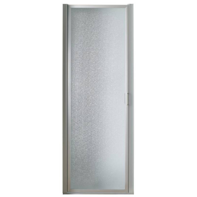 lot 82 image: Franklin Brass 34 in. x 63-58 in. Framed Pivot Shower Door in Chrome with Rain Glass, SDKT234-C-R