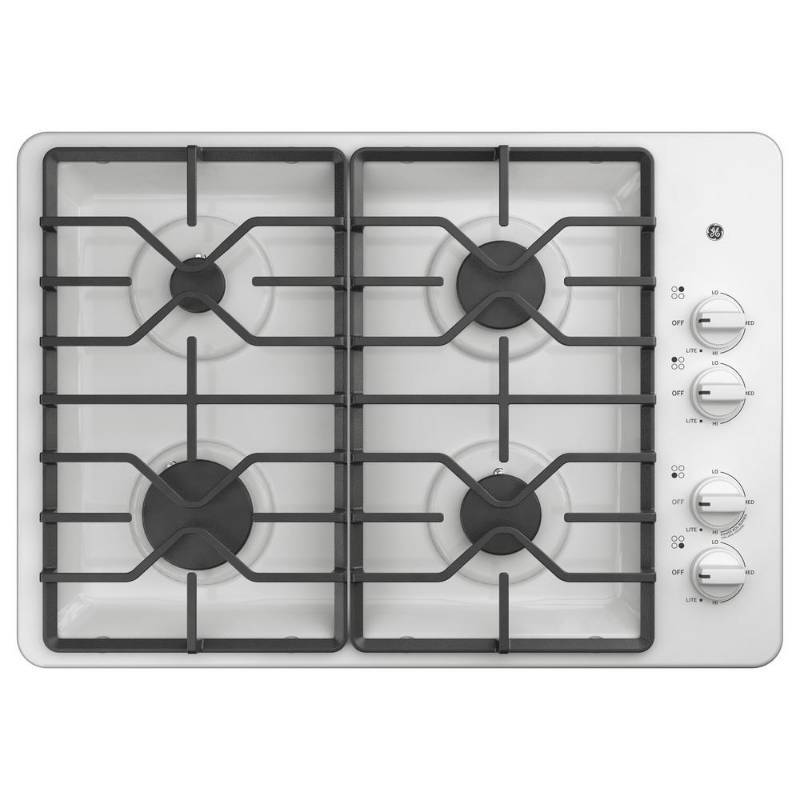 lot 30 image: GE 30 in. Gas Cooktop in White with 4 Burners including Power Burners, JGP3030DLWW