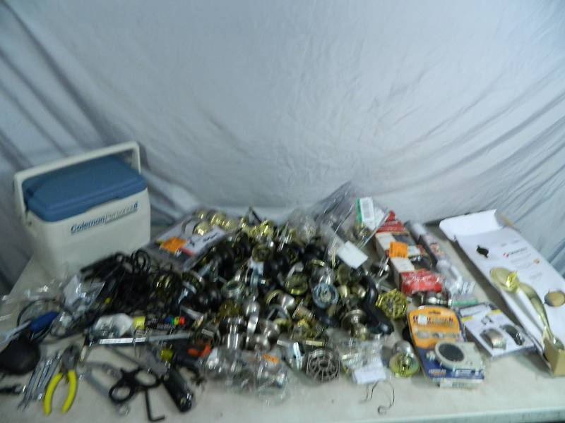 lot 104 image: Door Knobs, Tools, Cooler, and More