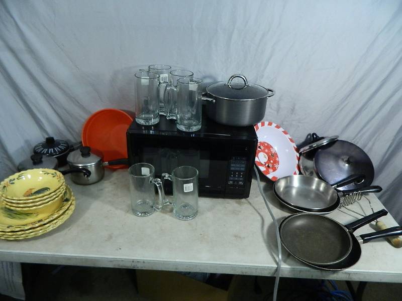 lot 147 image: Microwave, Pots, Pans, Kitchen Items