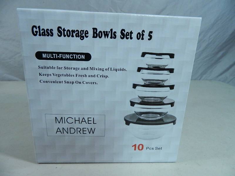 lot 16 image: New 10 Piece Glass Bowl Set with Lids