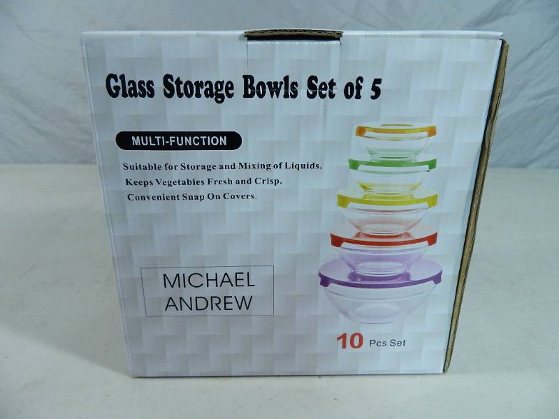 lot 24 image: New 10 Piece Glass Bowl Set with Colored Lids