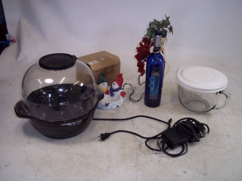 Presto Popcorn Popper, HP Laptop Power cord, Wine Dcor lighted, and Measuring bowl