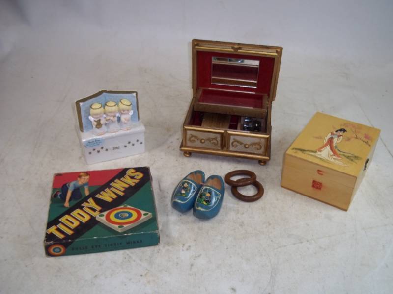Tiddly Winks Game, Dutch Shoes, Music Boxes Etc..