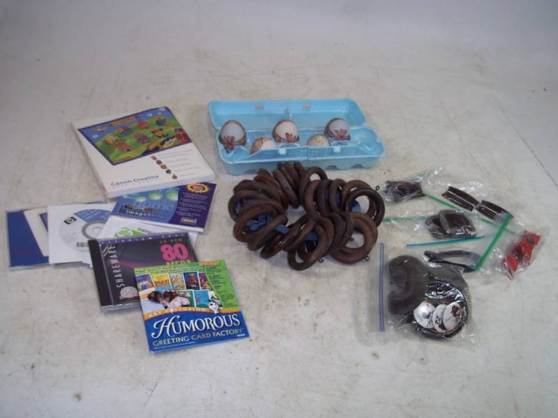 Porcelain Easter Eggs, Canon  Software, Wood Curtain Rings, Vintage Hair combs, Shoe clips, etc..