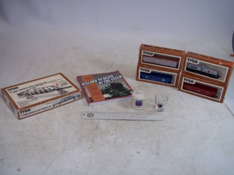 Northern Pacific Shot Glass, Union Pacific Sugar, Tyco Trains, Book and ruler