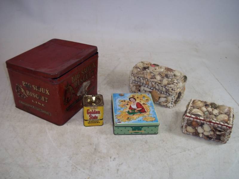 Big Sioux Biscuit Tin, Ireland and Golden State Tin, Seashell Boxes