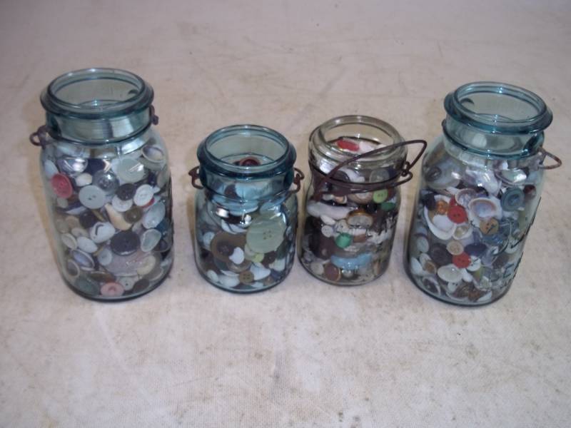 4 Blue Glass Jars with buttons and shells