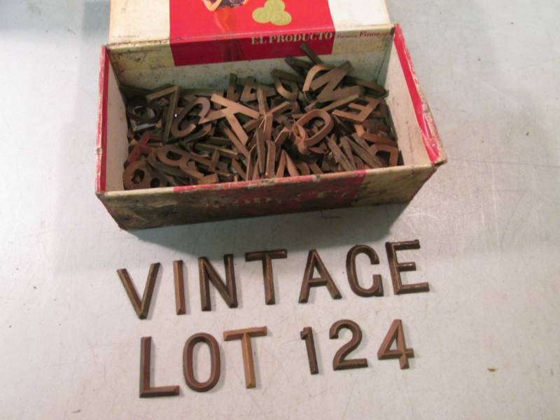 lot 124 image: Cigar Box Full of Metal Letters and...