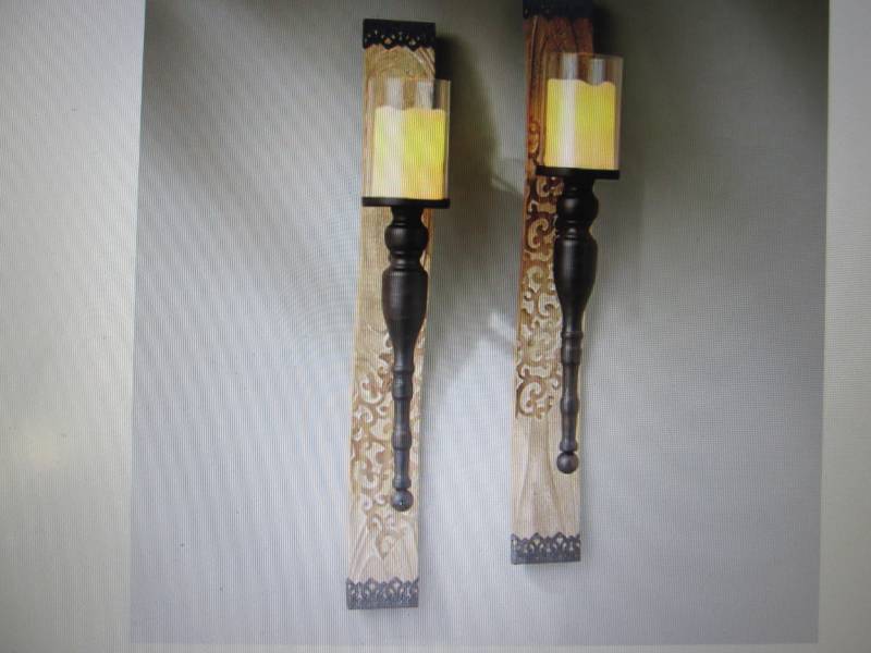 lot 32 image: Set of 2 Wood Wall Sconces open box...