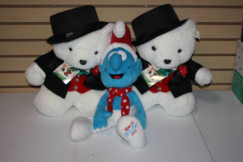 lot 60 image: Lot of 2 2000 Daytons Santa Bear and 1 2010 Macys Smurf Plush