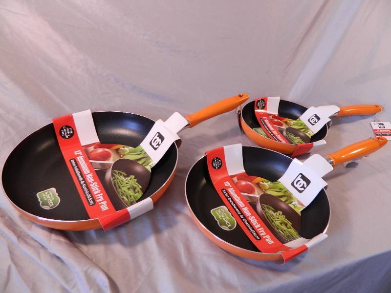 lot 23 image: 3 New Orange Aluminum Non Stick Fry Pans