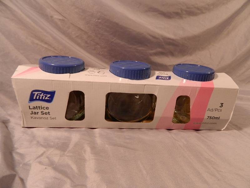 lot 67 image: New 3 Piece Lattice Glass Jar Set