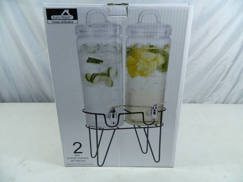 lot 86 image: New 2 Glass Beverage Dispensers with Metal Rack