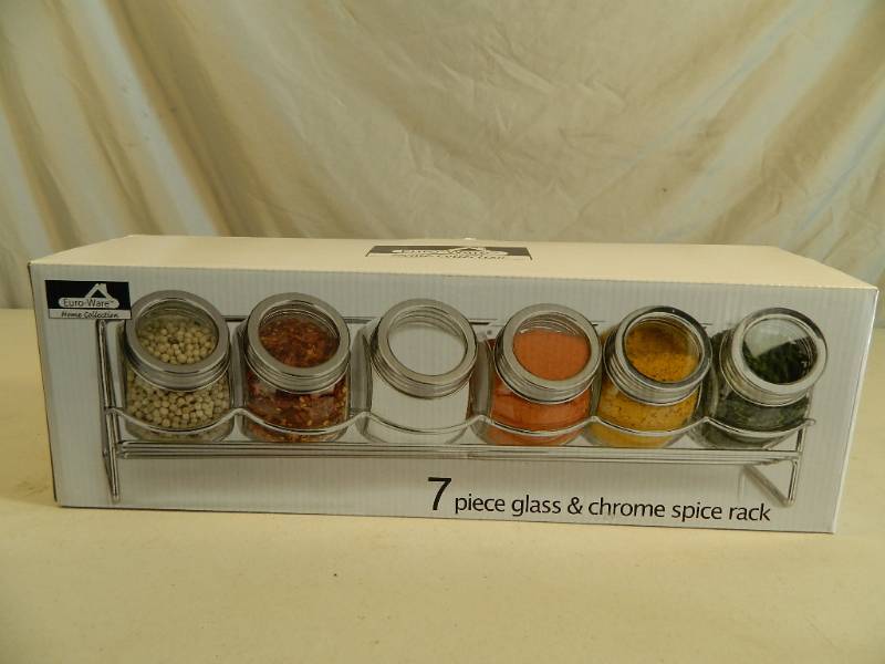 lot 170 image: New 7 Piece Glass and Chrome Spice Rack