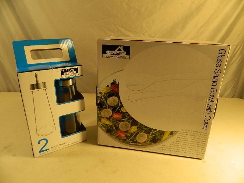 lot 228 image: New Glass Salad Bowl with Lid and New 2 Piece Glass Cruet Set