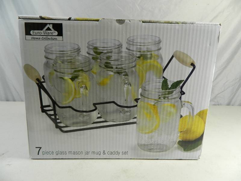 lot 234 image: New 7 Piece Glass Mason Jar Mug and Caddy Set