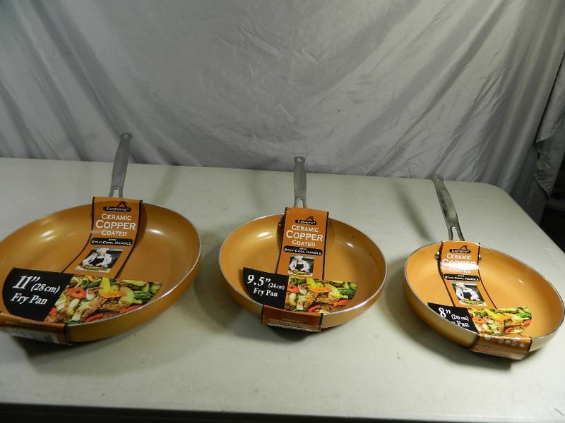 lot 244 image: 3 New Ceramic Copper Coated Fry Pans