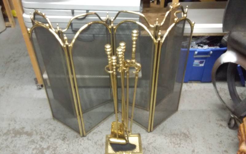 Polished Brass Fireplace Tool Set, 2-Folding Screens, Pair Of Andirons (18 Inches)