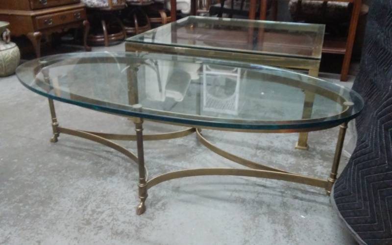 Oval Brass Base (Hoof Foot) Table With Glass Top 52x26x15