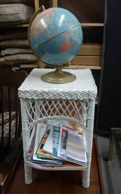 Small White Wicker Table (12x12x21), Vintage Crams Imperial World Globe & Collection Of Maps