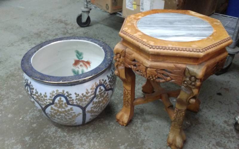 Asian Planter Pot (15 Inch Diameter x 12 Inches Tall), Small Wood Table With Inlay Marble Top (15x15x18)