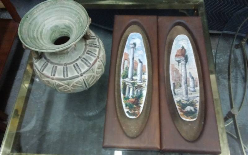 Pair Of Ceramic Pottery Wall Decor-Signed (9x27), Clay Pot With Handles (15 Inches)
