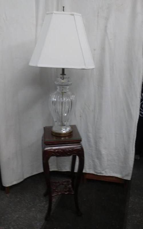Fancy Table With Glass Top (12x12x27), Lead Crystal Lamp With Shade (32 Inches)