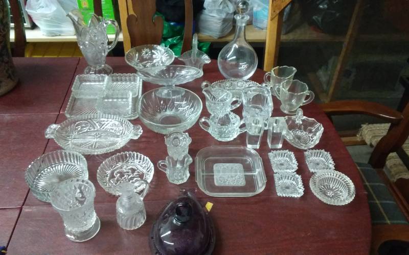 Large Lot Of Crystal Dish Wares, Purple Glass Horse Shoe Covered Butter Dish