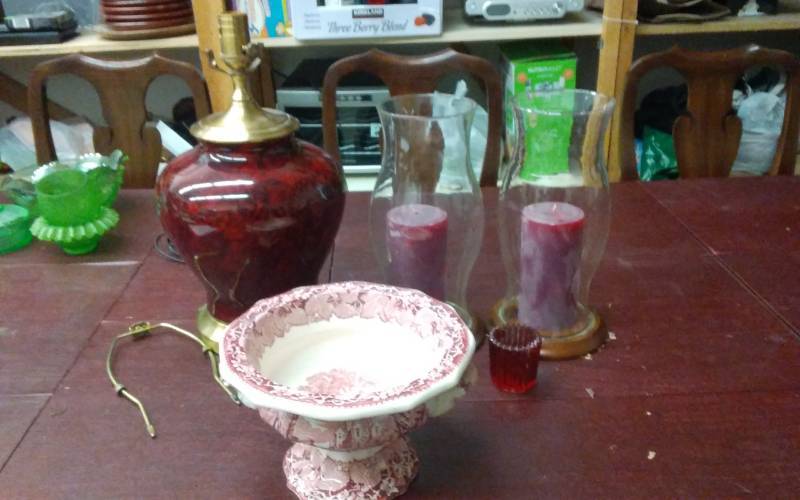 Red Lamp, Masons (England) Footed Bowl, 2-Hurricane Red Pillar Candles