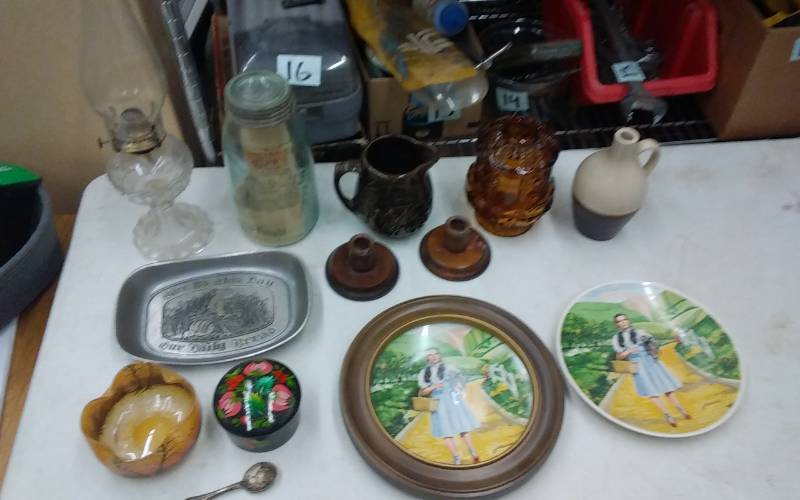 Lot Of Collectibles (Oz Plates, Oil Lamp, Old Masons Jar, Amber Glass, More)