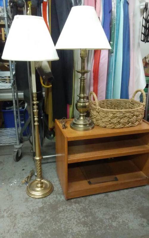 Oak Cabinet (30x16x22) With 2-Glass Doors (Removed), 1-Frederick Cooper Floor Lamp, 1-Stiffel Table Lamp