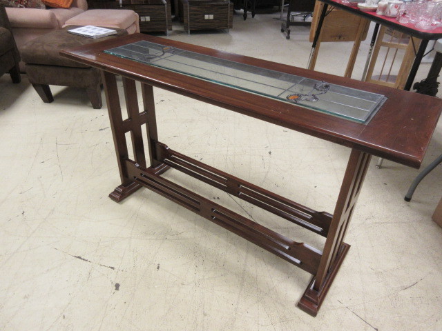 lot 610 image: SOFA TABLE WITH GLASS AND STAINED GLASS INSERT