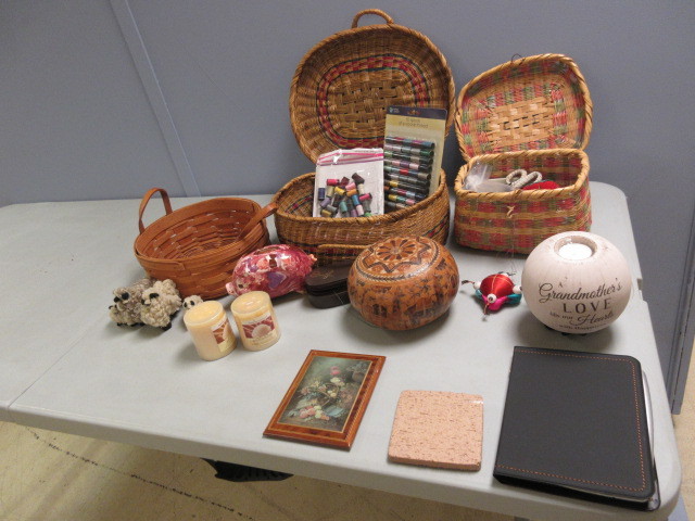 lot 639 image: SEWING BASKETS, LONGABERGER BASKET, CANDLES, MORE