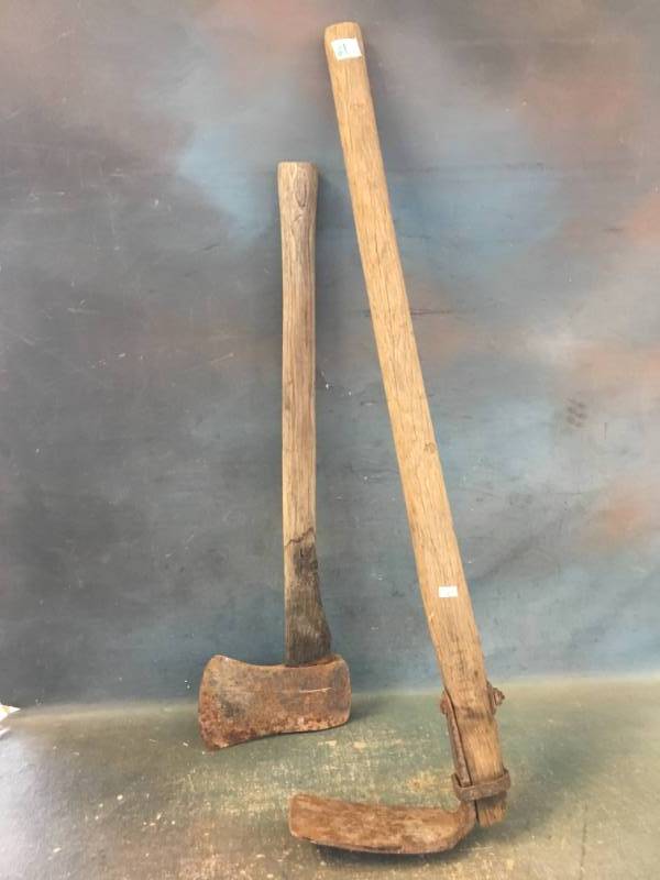 Axe and Hoe with Wooden Handles