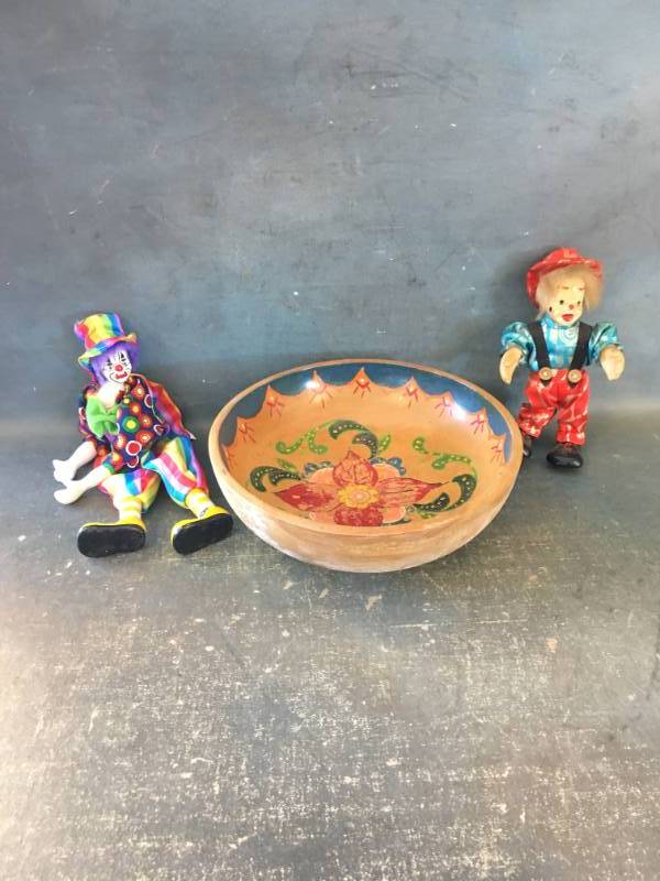 Hand Painted Wooden Bowl and CeramicPorcelain Clowns