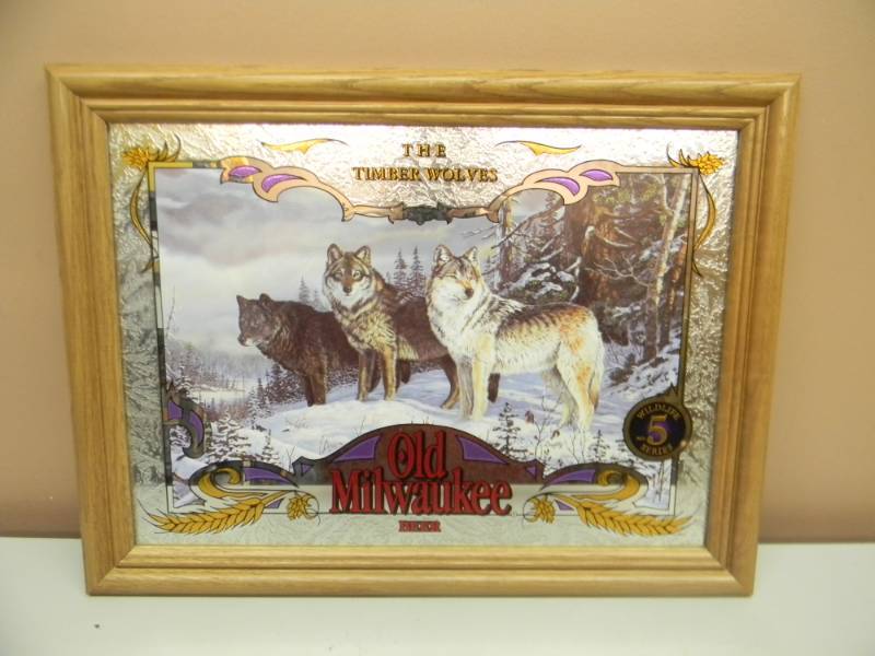 lot 41 image: OLD MILWAUKEE BEER TIMBERWOLVES MIRROR - APPROX 21 BY 16 - SEE PICTURES