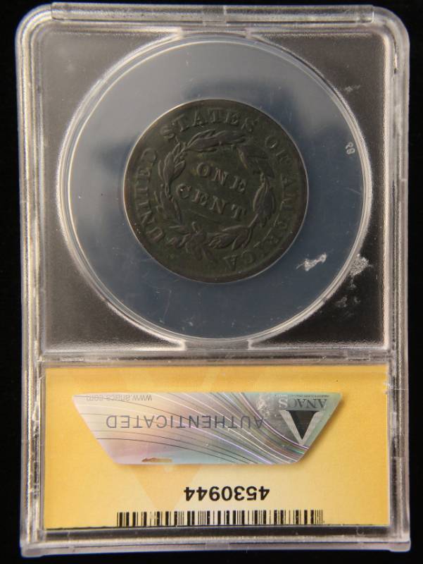 lot 13 image: 1833 US MATRON HEAD LARGE CENT ANACS VF20 DETAILS